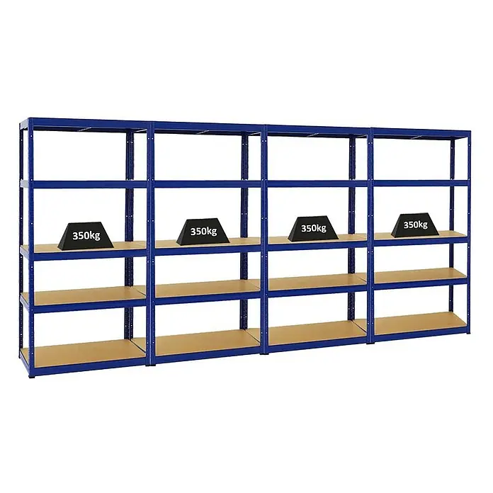 Mega Deal | 4x Schwerlastregal Slim Elephant S | HxBxT 180x90x45 cm | 5 Ebenen | Fachlast 350 kg | Blau -  - Stabiles blaues Metallregal mit Holzablagen, demonstriert 350kg Traglast pro Boden.