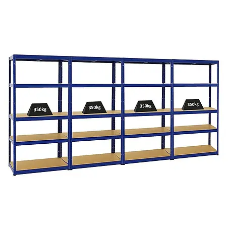 Mega Deal | 4x Schwerlastregal Slim Elephant S | HxBxT 180x90x45 cm | 5 Ebenen | Fachlast 350 kg | Blau
