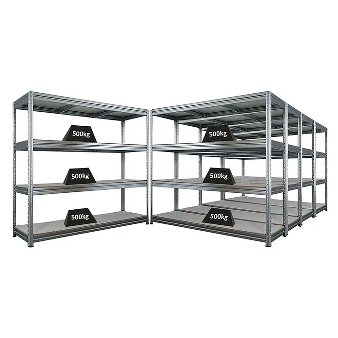 MegaDeal 5x Schwerlastregal DINO 180x200x60cm 4 Böden 500kg Verzinkt -  - Silbernes Schwerlastregal aus Metall mit mehreren Böden, mit 500kg Gewichten dargestellt.