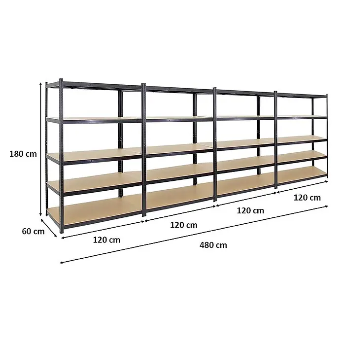 Mega Deal | 4x Schwerlastregal TAURUS | HxBxT 180x120x60cm | Fachlast 175kg | Schwarz -  - Großes schwarzes Metallregal mit fünf hellbraunen Holzregalböden pro Sektion, 480 cm breit, 180 cm hoch, 60 cm tief.