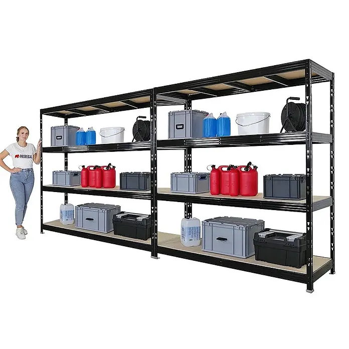 Mega Deal | 2x Profi Schwerlastregal Rhino | HxBxT 200x200x60cm | 4 Spanplatten-Ebenen 8mm | Fachlast 500kg | Schwarz -  - Hohes schwarzes Metallregal mit Holzböden, voll beladen, Frau daneben zur Größenreferenz.