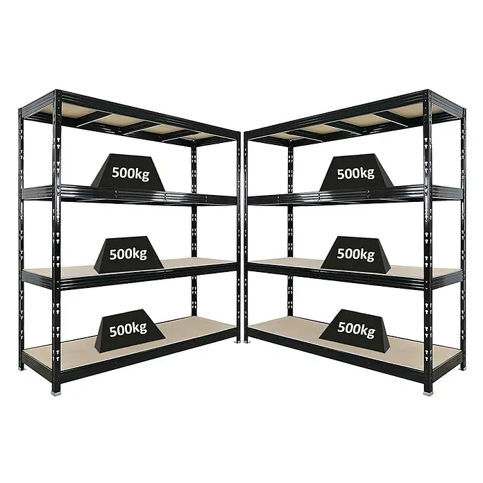 Mega Deal | 2x Profi Schwerlastregal Rhino | HxBxT 200x200x60cm | 4 Spanplatten-Ebenen 8mm | Fachlast 500kg | Schwarz -  - Zwei schwarze Schwerlast-Metallregale mit Holzablagen, jede Ablage für 500kg ausgelegt.