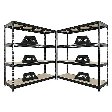 Mega Deal | 2x Profi Schwerlastregal Rhino | HxBxT 200x200x60cm | 4 Spanplatten-Ebenen 8mm | Fachlast 500kg | Schwarz