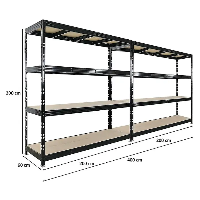 Mega Deal | 2x Profi Schwerlastregal Rhino | HxBxT 200x200x60cm | 4 Spanplatten-Ebenen 8mm | Fachlast 500kg | Schwarz -  - Schwarzes Metallregal mit vier Holzregalböden, Maße 200x60x400 cm.