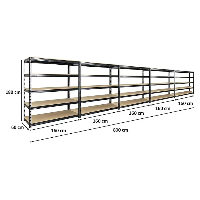 Mega Deal | 5x Profi Schwerlastregal BISON | HxBxT 200x180x60cm | 5 Fachböden | Fachlast 600kg | Schwarz -  - Langes, schwarzes Metall-Schwerlastregal mit fünf hellbraunen Holzregalböden pro Sektion, 800 cm lang, 180 cm hoch, 60 cm tief.