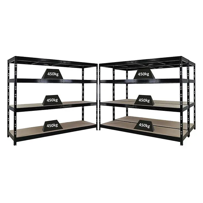 Set Deal 3x Profi Schwerlastregal Rhino 180x240x60cm 4 Böden 450kg Schwarz -  - Zwei schwarze Schwerlast-Metallregale mit je drei Fachböden, die eine Tragfähigkeit von 450 kg pro Boden aufweisen.