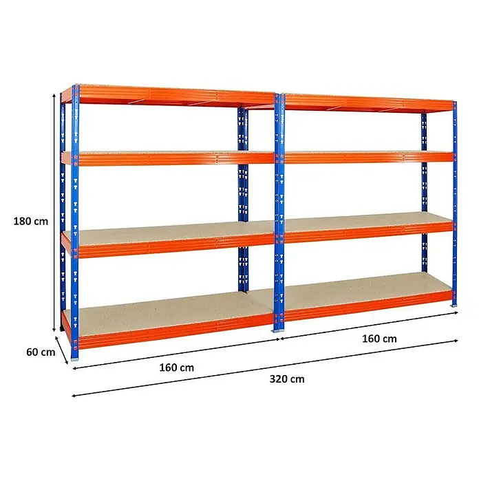 Mega Deal | 2x Profi Schwerlastregal Rhino | HxBxT 180x160x60cm | 4 Spanplatten-Ebenen 16mm | Fachlast 500kg | Blau-Orange -  - Zwei verbundene blau-orange Metallregale mit Holzablagen, 320x180x60 cm groß.