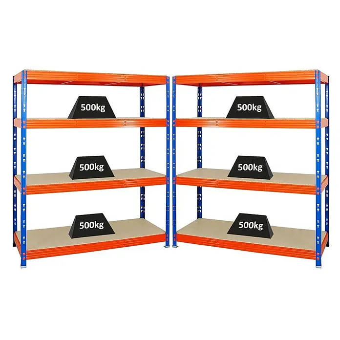 Mega Deal | 2x Profi Schwerlastregal Rhino | HxBxT 180x160x60cm | 4 Spanplatten-Ebenen 16mm | Fachlast 500kg | Blau-Orange -  - Zwei Schwerlast-Industrieregale mit orangefarbenen Böden und blauen Pfosten, jeder Boden trägt ein 500kg Gewicht.