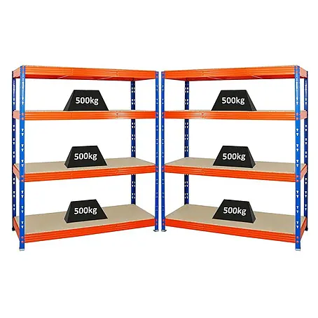 Mega Deal | 2x Profi Schwerlastregal Rhino | HxBxT 180x160x60cm | 4 Spanplatten-Ebenen 16mm | Fachlast 500kg | Blau-Orange