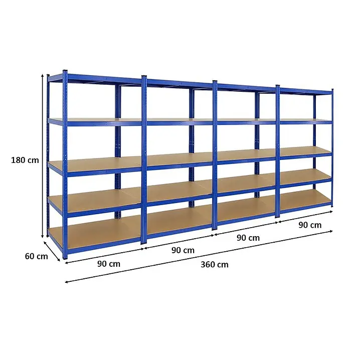 Mega Deal | 4x Schwerlastregal TAURUS | HxBxT 180x90x60cm | Fachlast 175kg | Blau -  - Großes blaues Metallregal mit 5 Holzablagen, 180x360x60 cm, ideal für Garage oder Werkstatt.