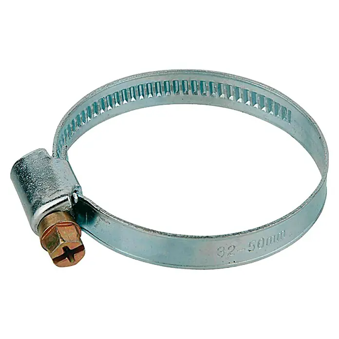 Schlauchschelle - Spannbereich: 40 mm - 60 mm, Verzinkt - Nahaufnahme einer Schlauchschelle aus Metall mit einem Kreuzschlitzkopf, die für Schläuche mit 32-50 mm Durchmesser geeignet ist.