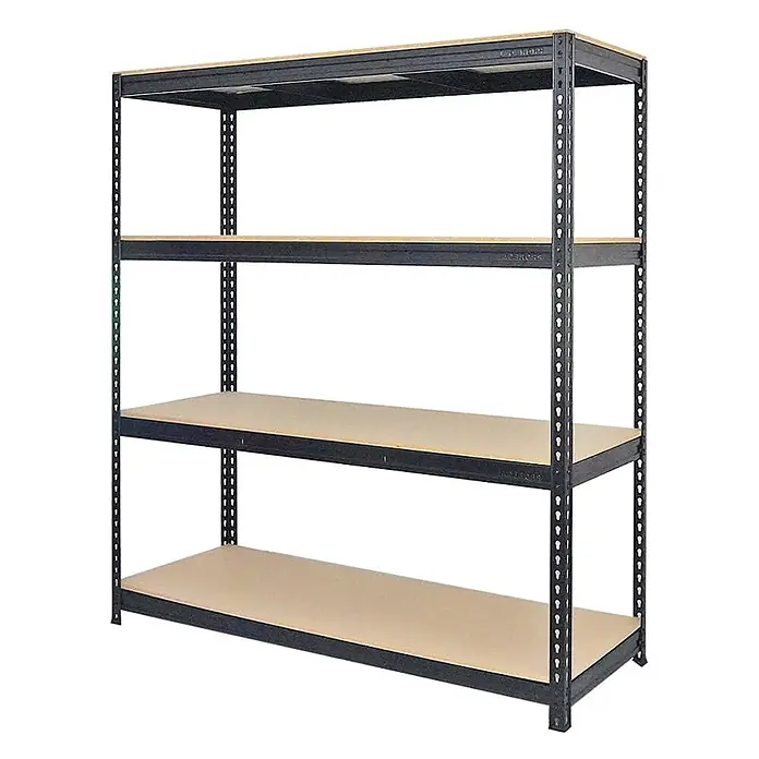 Mega Deal | 4x Profi Schwerlastregal BISON | HxBxT 200x180x60cm | 4 Fachböden | Fachlast 600kg | Schwarz -  - Schwarzmetall-Regal mit vier hellbraunen Holzablagen.