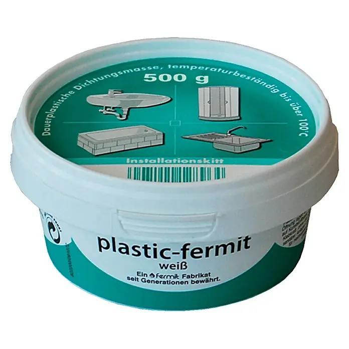 Plastik-Fermit - 500 g - Dose mit Plastic-Fermit, einer weißen, dauerplastischen Dichtungsmasse, temperaturbeständig bis über 100°C, 500 g, für Sanitärinstallationen.