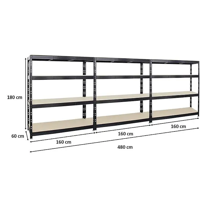 Mega Deal | 3x Profi Schwerlastregal Rhino | HxBxT 180x160x60cm | 4 Spanplatten-Ebenen 16mm | Fachlast 500kg | Schwarz -  - Schwarzes Metallregal mit hellen Holzablagen. 3 Sektionen (je 160cm breit), 180cm H x 60cm T.