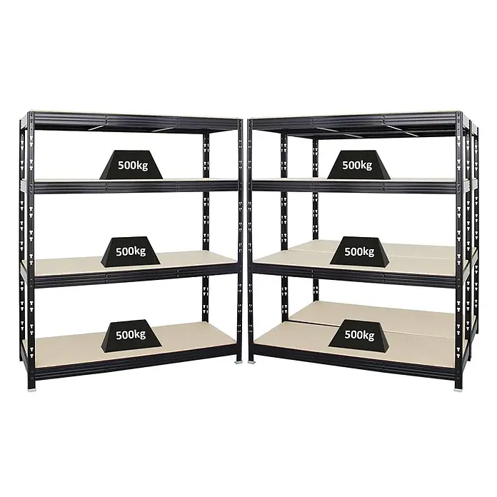 Mega Deal | 3x Profi Schwerlastregal Rhino | HxBxT 180x160x60cm | 4 Spanplatten-Ebenen 16mm | Fachlast 500kg | Schwarz -  - Schwarze Schwerlastregale mit hellen Holzablagen, jede Ablage für 500kg Traglast ausgelegt.
