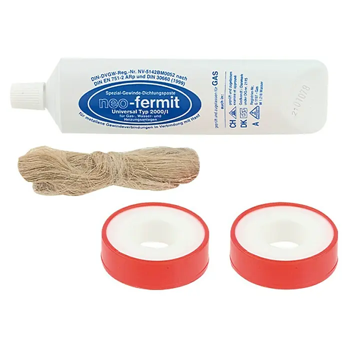 Universalgewinde-Dichtungssatz - Neo-Fermit (150 g), Hanf (7 g), 2x Teflonband (jeweils 12 m) - Bild von Neo-fermit Dichtungspaste, Hanf und Dichtungsband.