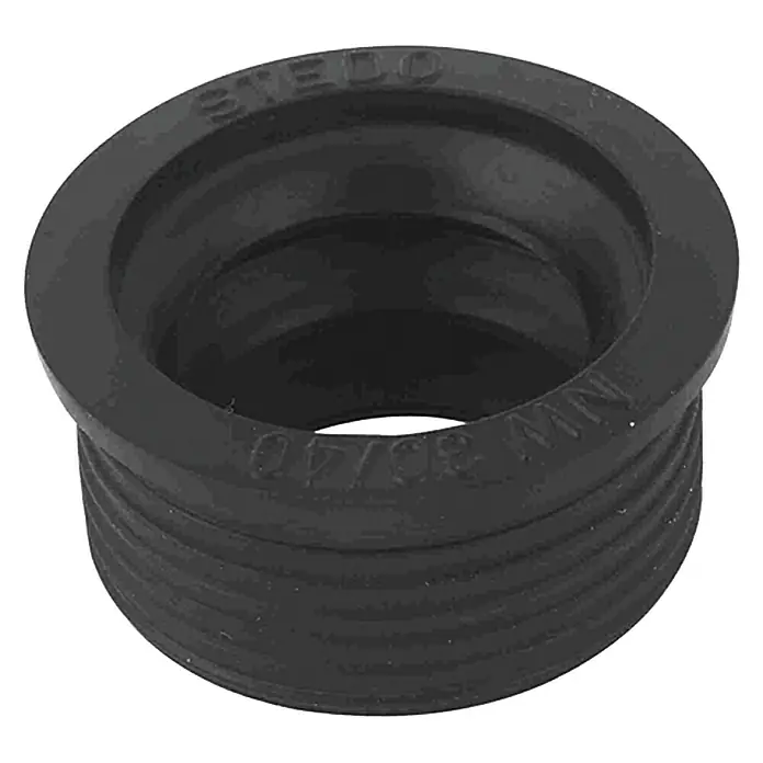 Gumminippel - Außendurchmesser: 45 mm, Innendurchmesser: 25 mm, 1¼'', DN 30/40 - Nahaufnahme eines schwarzen STEDO-Reduzierstücks NW 32/40 mit Gewinde für Sanitäranwendungen, isoliert auf Weiß.