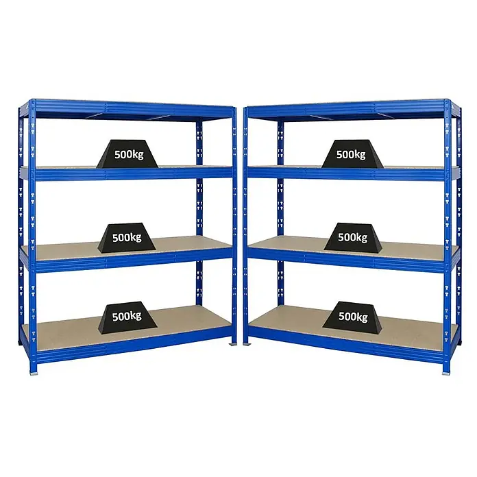 Mega Deal | 2x Profi Schwerlastregal Rhino | HxBxT 180x160x60cm | 4 Spanplatten-Ebenen 16mm | Fachlast 500kg | Blau -  - Zwei blaue Schwerlastregale mit je vier Holzregalböden, die eine Traglast von 500kg pro Boden zeigen.