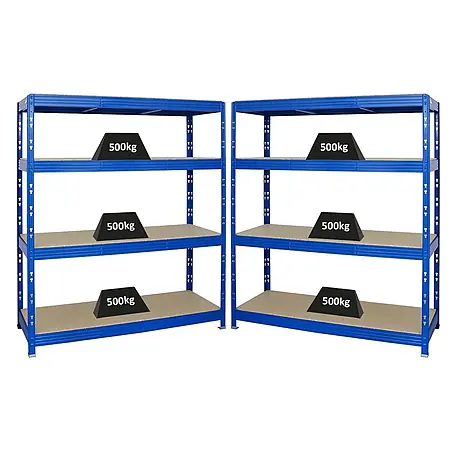 Mega Deal | 2x Profi Schwerlastregal Rhino | HxBxT 180x160x60cm | 4 Spanplatten-Ebenen 16mm | Fachlast 500kg | Blau