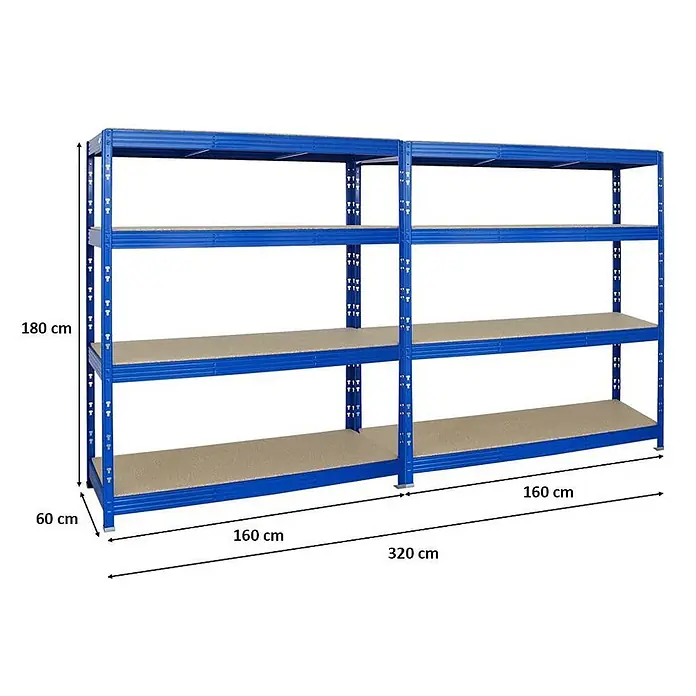 Mega Deal | 2x Profi Schwerlastregal Rhino | HxBxT 180x160x60cm | 4 Spanplatten-Ebenen 16mm | Fachlast 500kg | Blau -  - Blaues Metall-Lagerregal mit vier Ebenen, 180x60x320 cm.