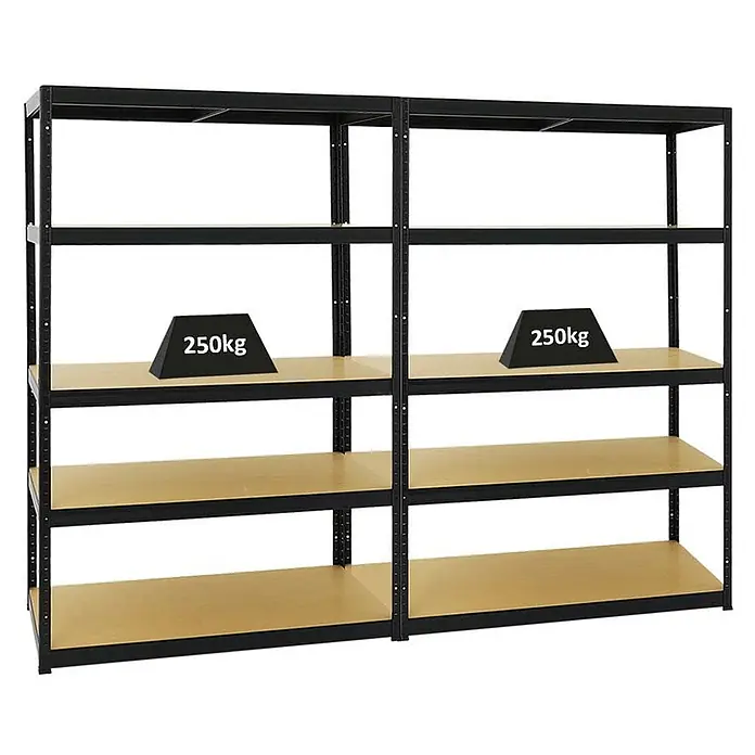 Mega Deal | 2x Schwerlastregal Big Elephant M | HxBxT 180x120x60 cm | Fachlast 250kg | Schwarz -  - Zwei schwarze Metallregale mit Holzablagen, die eine Tragfähigkeit von 250 kg pro Boden zeigen.
