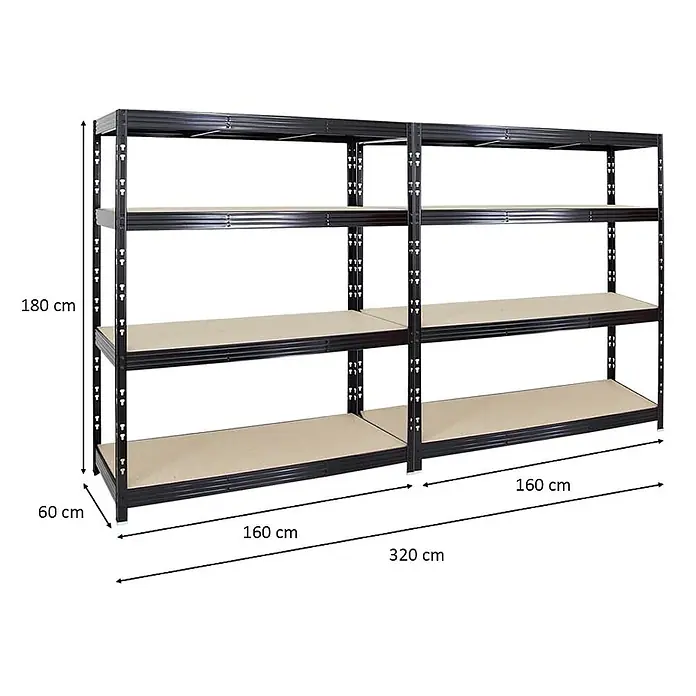 Mega Deal | 2x Profi Schwerlastregal Rhino | HxBxT 180x160x60cm | 4 Spanplatten-Ebenen 8mm | Fachlast 500kg | Schwarz -  - Schwarzes Metall-Schwerlastregal mit Holzböden, 180 cm hoch, 320 cm breit, 60 cm tief. Besteht aus zwei verbundenen Segmenten.