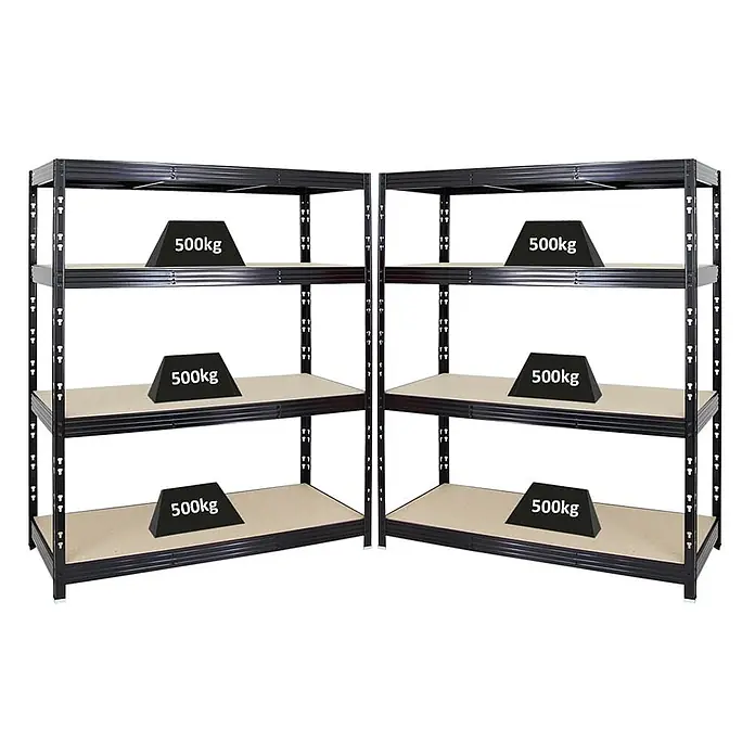 Mega Deal | 2x Profi Schwerlastregal Rhino | HxBxT 180x160x60cm | 4 Spanplatten-Ebenen 8mm | Fachlast 500kg | Schwarz -  - Zwei schwarze Schwerlast-Metallregale mit hellen Holzregalböden, jeder Boden für 500kg ausgelegt, als Ecklösung gezeigt.