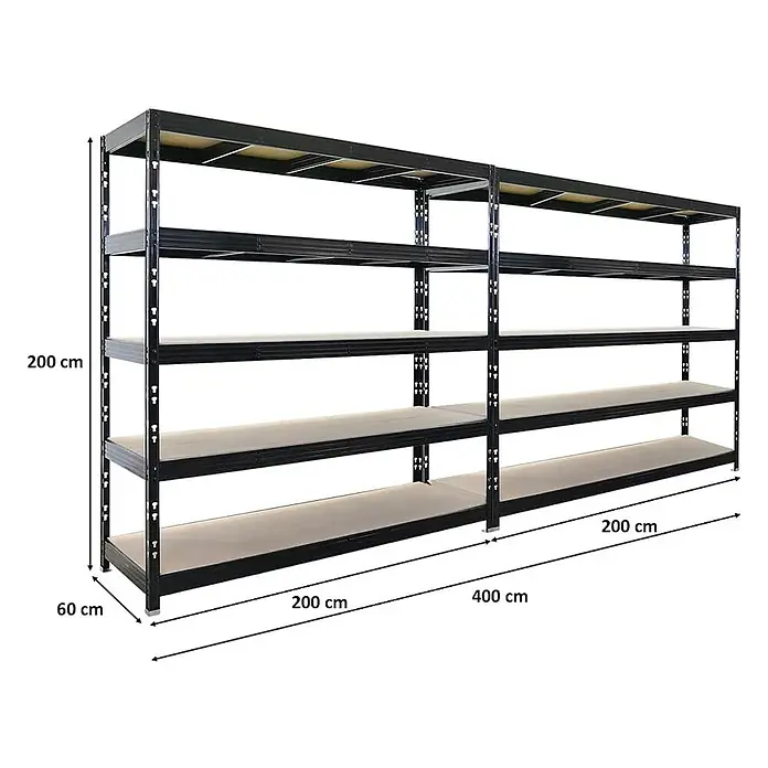 Set Deal 2x Profi Schwerlastregal Rhino 200x200x60cm 5 Böden 500kg Schwarz -  - Schwarzes Metallregal mit Holzablagen, 200 cm H x 60 cm T x 400 cm B, für Schwerlastlagerung.