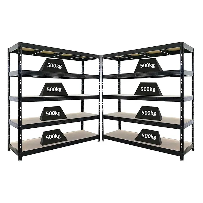 Mega Deal | 2x Profi Schwerlastregal Rhino | HxBxT 200x200x60cm | 5 Spanplatten-Ebenen 8mm | Fachlast 500kg | Schwarz -  - Zwei schwarze Schwerlast-Metallregale mit hellen Böden, in Eckanordnung gezeigt. Jede Ablage trägt bis zu 500kg.