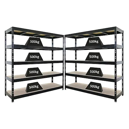 Mega Deal | 2x Profi Schwerlastregal Rhino | HxBxT 200x200x60cm | 5 Spanplatten-Ebenen 8mm | Fachlast 500kg | Schwarz
