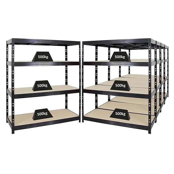 Mega Deal | 5x Profi Schwerlastregal Rhino | HxBxT 180x160x60cm | 4 Spanplatten-Ebenen 8mm | Fachlast 500kg | Schwarz -  - Schwarzes Schwerlastregal aus Metall mit Holzablagen, in einer Ecke angeordnet. Jede Ablage zeigt eine Tragfähigkeit von 500 kg an.