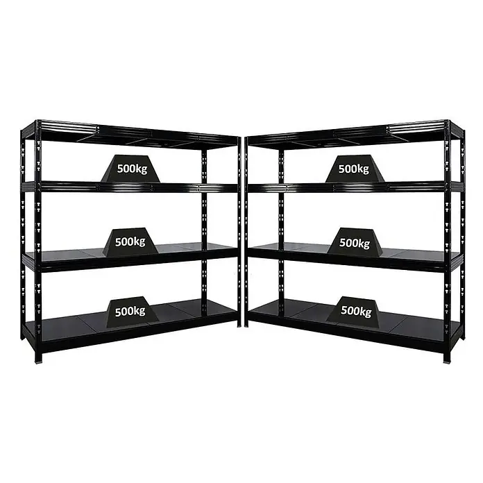 Mega Deal | 2x Profi Schwerlastregal Rhino | HxBxT 180x200x60cm | 4 Stahlplatten-Ebenen | Fachlast 500kg | Schwarz -  - Zwei schwarze Schwerlast-Metallregale, jedes mit vier Böden, abgebildet mit 500 kg pro Boden für hohe Tragfähigkeit.