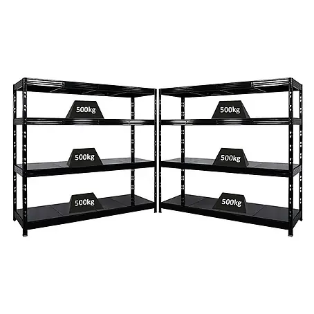 Mega Deal | 2x Profi Schwerlastregal Rhino | HxBxT 180x200x60cm | 4 Stahlplatten-Ebenen | Fachlast 500kg | Schwarz