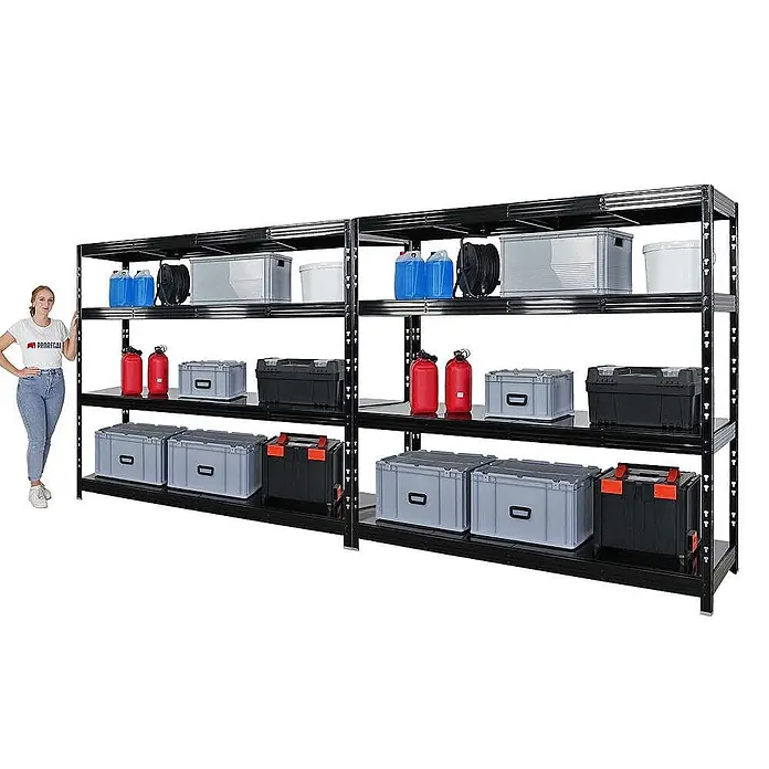 Mega Deal | 2x Profi Schwerlastregal Rhino | HxBxT 180x200x60cm | 4 Stahlplatten-Ebenen | Fachlast 500kg | Schwarz -  - Schwarze Metallregale gefüllt mit diversen Lagerboxen und Behältern. Eine Person steht daneben zur Größenangabe.