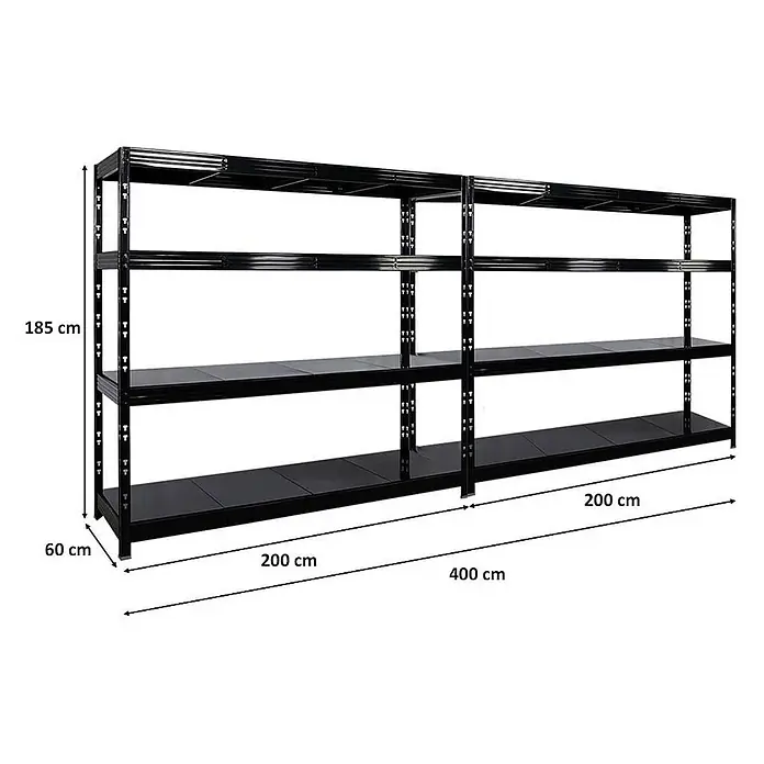 Mega Deal | 2x Profi Schwerlastregal Rhino | HxBxT 180x200x60cm | 4 Stahlplatten-Ebenen | Fachlast 500kg | Schwarz -  - Großes schwarzes Metallregal mit 4 Böden, H 185 x T 60 x L 400 cm, für Schwerlastlagerung.