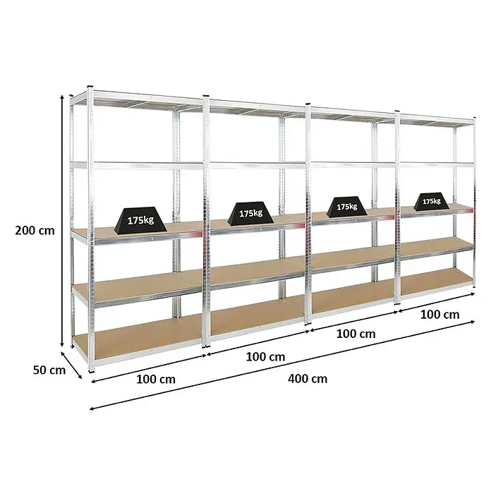Mega Deal | 4x Schwerlastregal Giant Ragnar | HxBxT 200x100x50cm | 5 MDF-Platten-Ebenen | Fachlast 175kg | Verzinkt -  - Modulares silbernes Metallregal, 400cm lang, 200cm hoch, 50cm tief, mit 175kg Traglast pro Boden.