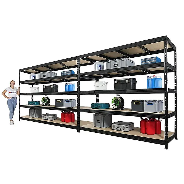 Mega Deal | 2x Profi Schwerlastregal Rhino | HxBxT 200x240x70cm | 5 Spanplatten-Ebenen 8mm | Fachlast 450kg | Schwarz -  - Großes schwarzes Metallregal mit mehreren hellbraunen Böden, bestückt mit verschiedenen Behältern und Werkzeugen, eine Person zeigt die Größe an.