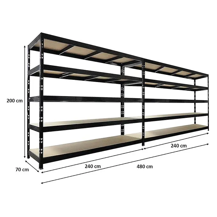 Mega Deal | 2x Profi Schwerlastregal Rhino | HxBxT 200x240x70cm | 5 Spanplatten-Ebenen 8mm | Fachlast 450kg | Schwarz -  - Schwerlastregal aus schwarzem Metall mit fünf Holzböden. Maße: 200cm H x 70cm T x 480cm L.