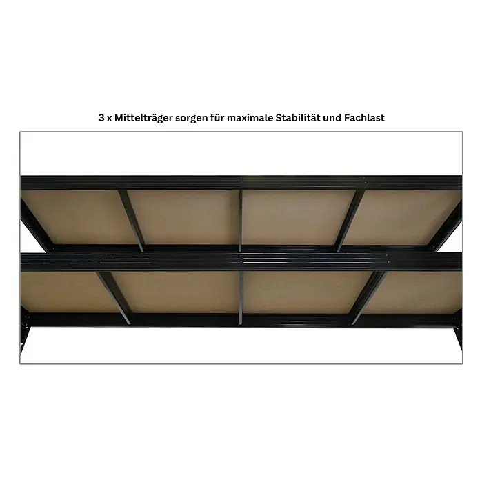 Mega Deal | 2x Profi Schwerlastregal Rhino | HxBxT 200x240x70cm | 5 Spanplatten-Ebenen 8mm | Fachlast 450kg | Schwarz -  - Unterseite eines schwarzen Metallregals mit braunen Böden. Drei Mittelträger pro Boden sorgen für maximale Stabilität und Traglast.
