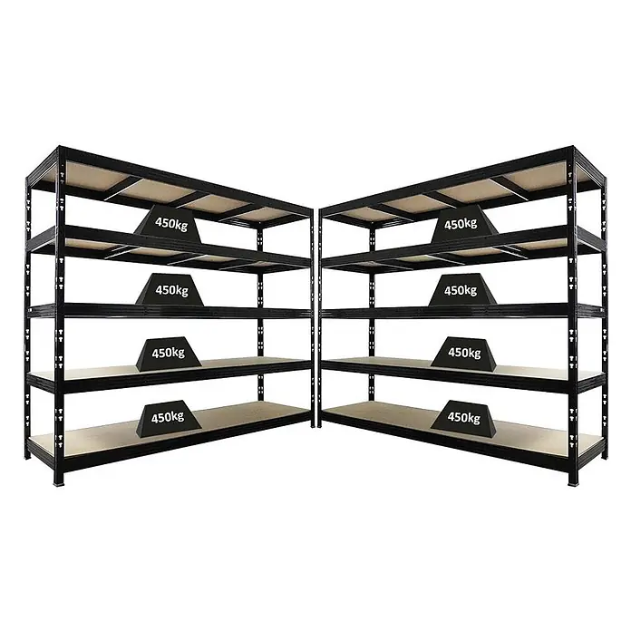Mega Deal | 2x Profi Schwerlastregal Rhino | HxBxT 200x240x70cm | 5 Spanplatten-Ebenen 8mm | Fachlast 450kg | Schwarz -  - Zwei schwarze 5-stufige Schwerlastregale mit Holzablagen, jede Ablage für 450 kg ausgelegt.