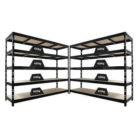 Mega Deal | 2x Profi Schwerlastregal Rhino | HxBxT 200x240x70cm | 5 Spanplatten-Ebenen 8mm | Fachlast 450kg | Schwarz