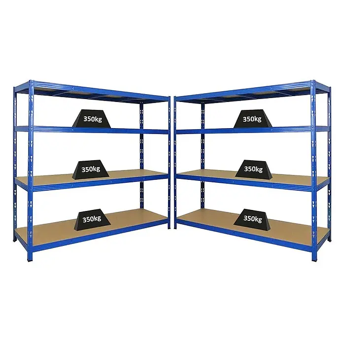 Mega Deal | 2x Profi Schwerlastregal GOLIATH | HxBxT 180x200x60cm | Fachlast 350kg | Blau -  - Zwei blaue Schwerlast-Metallregale mit braunen Ablagen, jede Ablage für 350 kg Belastung ausgelegt.