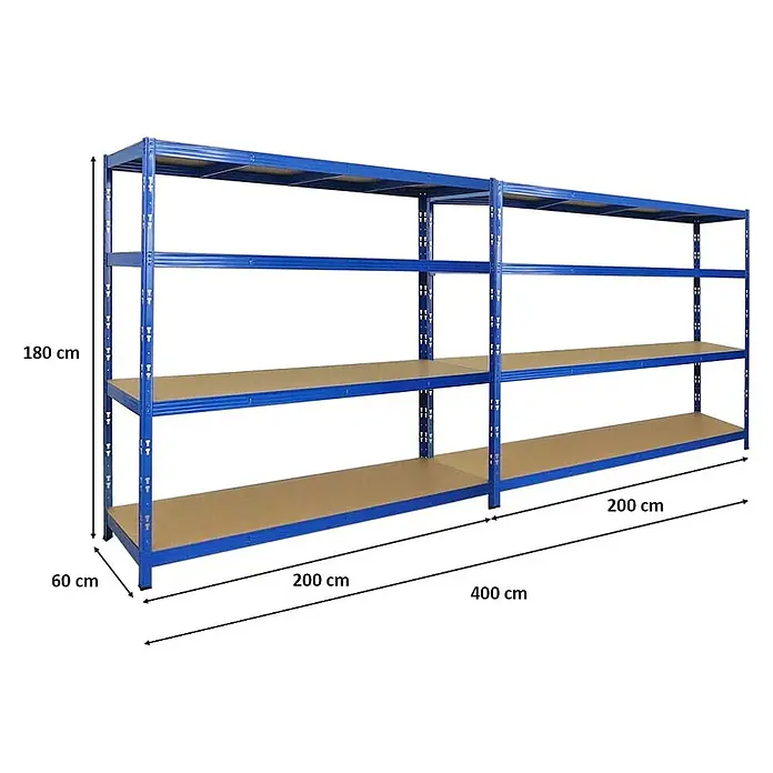 Mega Deal | 2x Profi Schwerlastregal GOLIATH | HxBxT 180x200x60cm | Fachlast 350kg | Blau -  - Zwei blaue Metallregale mit Holzablagen, insgesamt 400 cm breit.