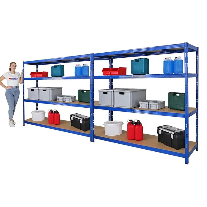 Mega Deal | 2x Profi Schwerlastregal GOLIATH | HxBxT 180x200x60cm | Fachlast 350kg | Blau -  - Schwerlastregal aus blauem Metall mit fünf Ebenen und diversen Lagerartikeln. Eine Frau steht zur Größenanzeige daneben.