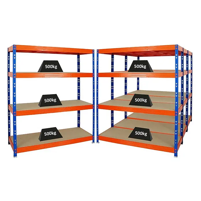 MegaDeal 4xProfi Schwerlastregal Rhino 180x160x60 4 Böden 500kg Blau-Orange -  - Zwei robuste orange-blaue Metallregaleinheiten, jede Ablage für 500 kg ausgelegt.