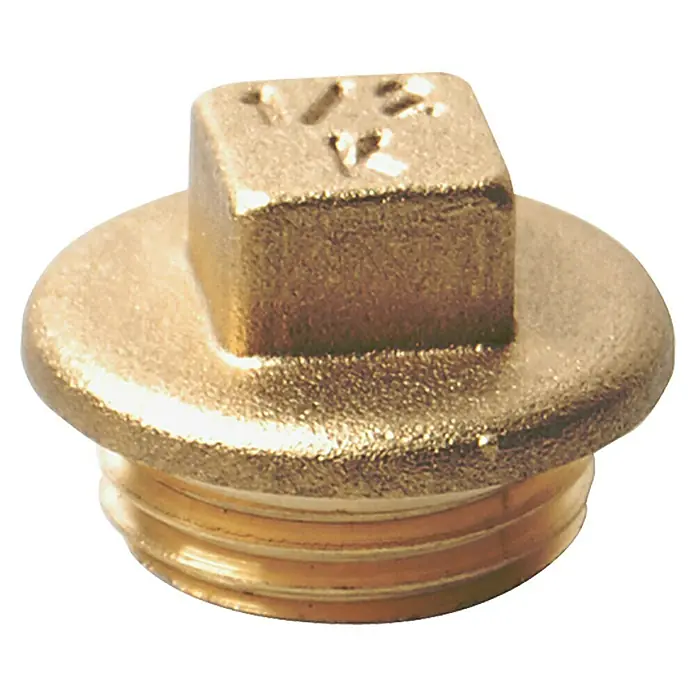 Stopfen - ½″, Messing, Blank - Nahaufnahme eines goldenen 1/2-Zoll-Rohrstopfens mit quadratischem Kopf und Gewinde zur Abdichtung von Rohren.