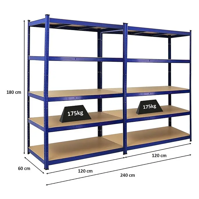 Mega Deal | 2x Schwerlastregal TAURUS | HxBxT 180x120x60cm | Fachlast 175kg | Blau -  - Blaues Metallregal mit fünf Holzböden, 180x240x60 cm, 175 kg Traglast pro Boden, ideal für Schwerlastlagerung.