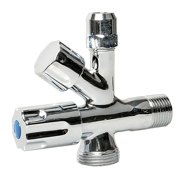 Geräteventil - ½″, Verchromt - Glänzendes Chrom-T-Stück-Ventil mit zwei Griffen zur Steuerung des Wasserdurchflusses für Sanitäranwendungen.
