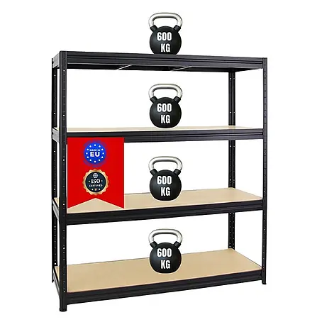 Schwerlastregal DINO | HxBxT 180x160x60cm | 4 MDF-Platten-Ebenen 6,5 mm | Fachlast 600kg | Schwarz