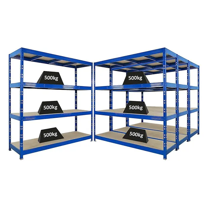 Set Deal 4x Profi Schwerlastregal Rhino 200x200x60cm 4 Böden 500kg Blau -  - Zwei blaue Schwerlast-Metallregale mit mehreren Böden, die jeweils ein 500-kg-Gewicht tragen.